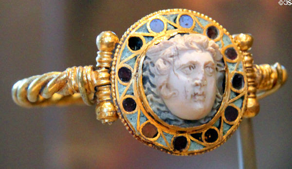 Roman cameo of medusa (1st or 2ndC CE) in Byzantine ring (5thC) at Museum of Fine Arts. Boston, MA.