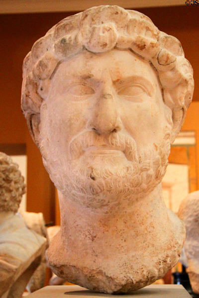 Roman marble portrait head of Emperor Hadrian (c130 CE) from Greek island of Paros at Museum of Fine Arts. Boston, MA.