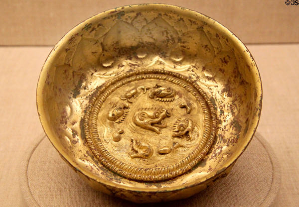 Chinese Tang Dynasty gilded bronze bowl with mythical animals (c700) at Museum of Fine Arts. Boston, MA.