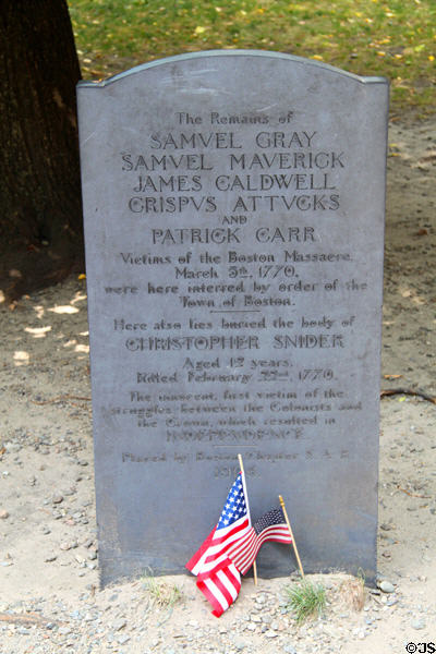 Tomb of victims of Boston Massacre of March 5, 1770 at Granary Burying Ground. Boston, MA.