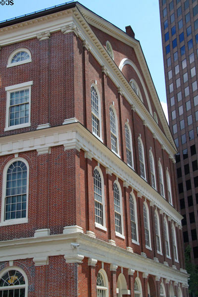 Faneuil Hall (1740) (Dock Sq.). Boston, MA. Style: Georgian. Architect: Joshua Blanchard + Charles Bulfinch. On National Register.