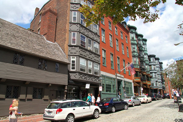 Streetscape at Paul Revere House with green-fronted Mariner's House (1847). Boston, MA.