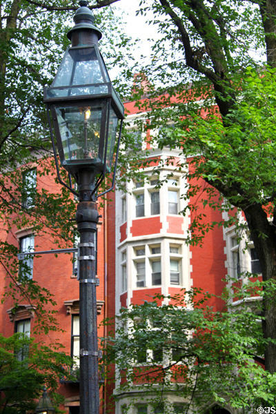 Beacon Hill brick apartments with gas lamp. Boston, MA.