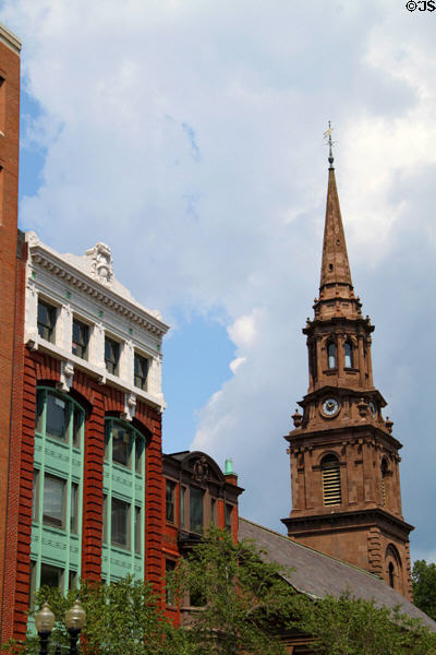Heritage commercial buildings (359-5 Boylston St.) & Arlington Street Church. Boston, MA.