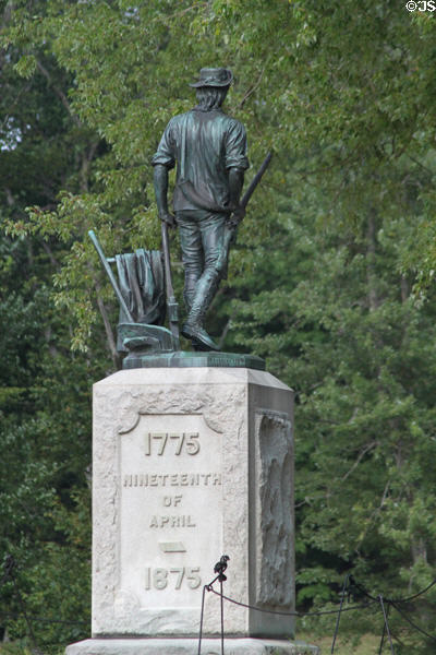 Minute Man statue shows colonial with plow & musket at Minute Men National Historical Park. Concord, MA.
