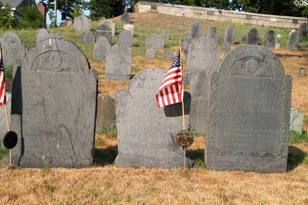 Old Hill Burying Ground (1677) on Monument Sq. with early American headstones (1730s-50s). Concord, MA.