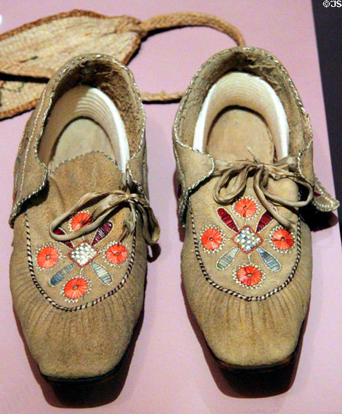 Iroquois or Huron moccasins with bird & porcupine quills (c1865) at Peabody Museum. Cambridge, MA.