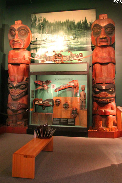Westcoast native carving collection including house & effigy poles at Peabody Museum. Cambridge, MA.