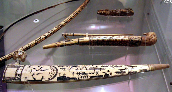 Inuit (Eskimo) carved ivory pipes (c1900) at Peabody Museum. Cambridge, MA.