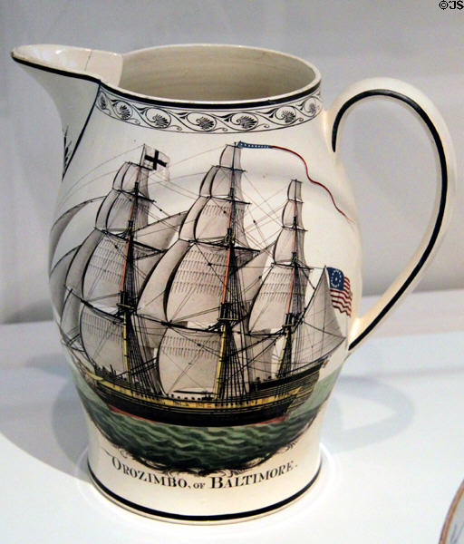 Ship Orozimbo earthenware pitcher (1805-10) by Herculaneum Pottery Factory of Liverpool at Peabody Essex Museum. Salem, MA.