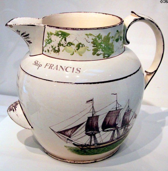 Ship Francis earthenware pitcher (1807) made in Liverpool at Peabody Essex Museum. Salem, MA.