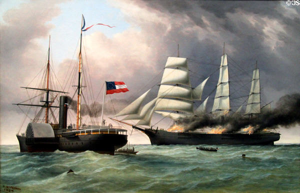 CSS Nashville Burning the Ship Harvey Birch painting (1864) by Duncan McFarlane at Peabody Essex Museum. Salem, MA.