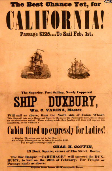 Poster of Ship Duxbury for California (1849) at Peabody Essex Museum. Salem, MA.