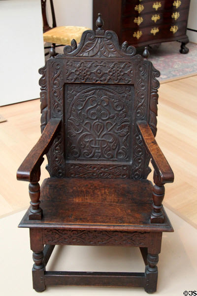 Oak great chair (1670-90) by Thomas Dennis of Ipswich, MA, at Peabody Essex Museum. Salem, MA.
