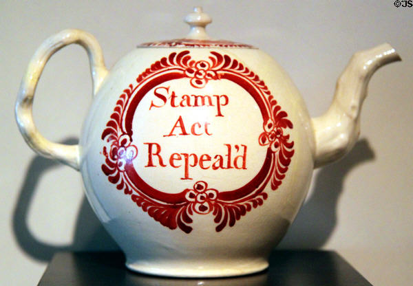 Stamp Act Repealed earthenware teapot (1766) by Cockpit Hill of Derby, England at Peabody Essex Museum. Salem, MA.
