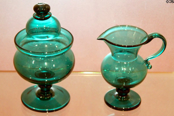 Glass sugar bowl & creamer (c1850) attrib. to Alfred Green of Boston & Sandwich Glass Co. at Peabody Essex Museum. Salem, MA.