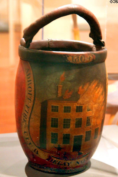 Leather fire bucket (1830-40) by Adroit Fire Club of Salem at Peabody Essex Museum. Salem, MA.
