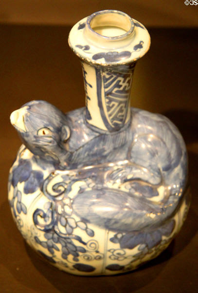 Chinese export squirrel figure kendi (1573-1619) from Jingdezhen at Peabody Essex Museum. Salem, MA.