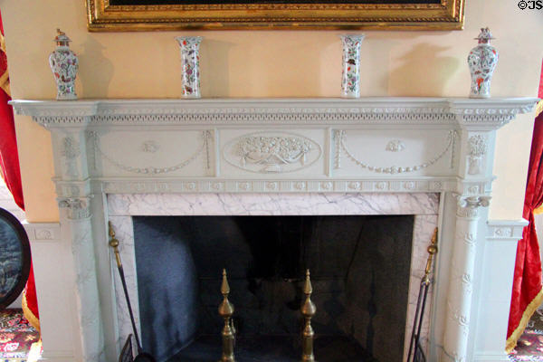 Fireplace mantle carved by Samuel McIntire in parlor of Gardner Pingree House. Salem, MA.
