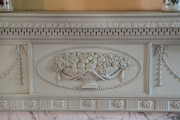 Fireplace mantle carving by Samuel McIntire in parlor of Gardner Pingree House. Salem, MA.