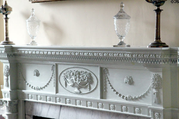 Fireplace mantle carved by Samuel McIntire in parlor of Gardner Pingree House. Salem, MA.