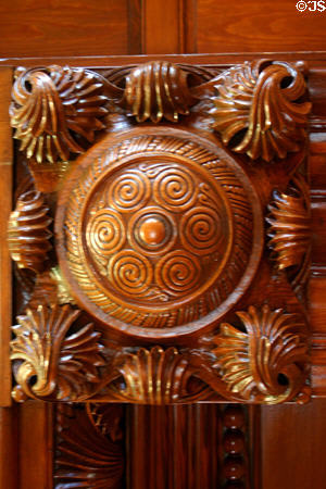 Detail of carved fireplace in Crane Library. Quincy, MA.