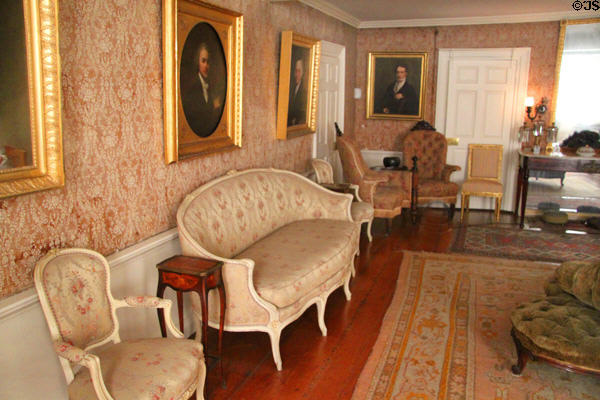 Upholstered seating in Long Room parlor at Peacefield. Quincy, MA.
