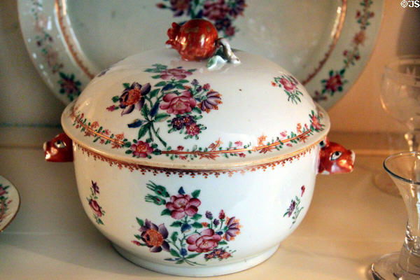 Adams' family covered tureen with animal handles & flower decoration at Peacefield. Quincy, MA.