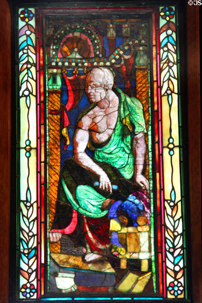 Old Philosopher stained glass window by John La Farge in Richardson's wing of Quincy Public Library. Quincy, MA.