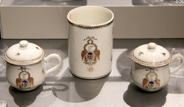 Chinese export porcelain custard cups & mugs with symbol of Society of the Cincinnati (c1790) at Museum of Fine Arts. Boston, MA.