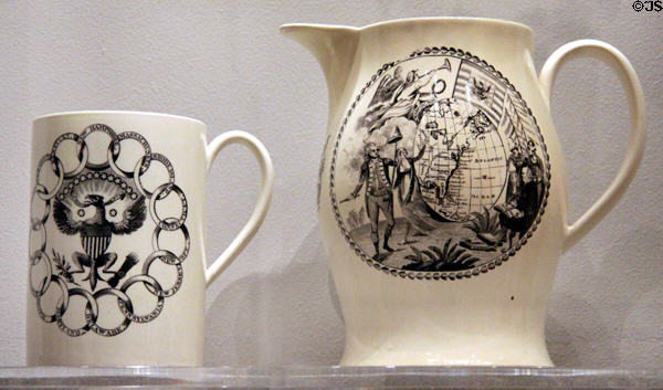 Creamware mug with Great Seal of USA (c1796-1800) & pitcher with map of USA (c1790-1810-20) from Liverpool, England at Museum of Fine Arts. Boston, MA.
