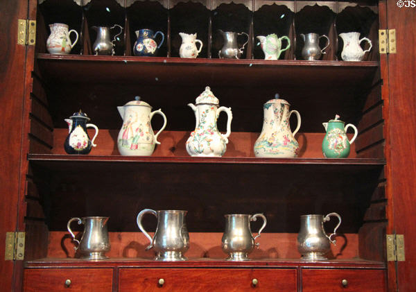 Collection of porcelain & pewter pots & jugs (18thC) at Museum of Fine Arts. Boston, MA.