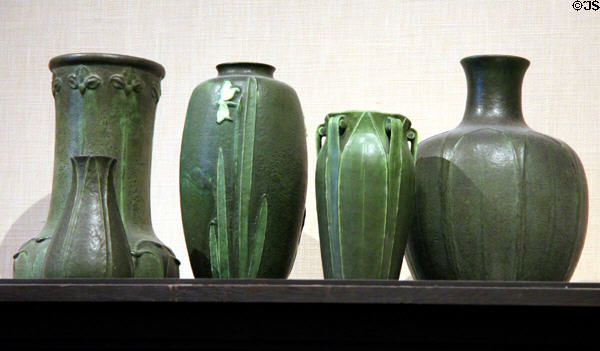 Six vases (c1899-1912) by Grueby Faience Co. of Boston, MA at Museum of Fine Arts. Boston, MA.