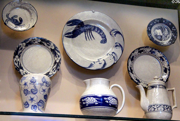 Collection of stoneware (c1896-1943) by Dedham Pottery at Museum of Fine Arts. Boston, MA.