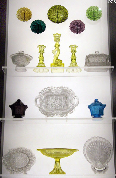 Collection of pressed glass (1830-60) by Boston & Sandwich Glass Co. at Museum of Fine Arts. Boston, MA.
