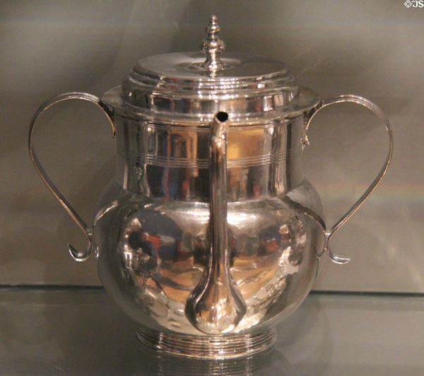 Silver posset pot (aka spout cup) (c1680-1700) by Jeremiah Drummer of Boston at Museum of Fine Arts. Boston, MA.