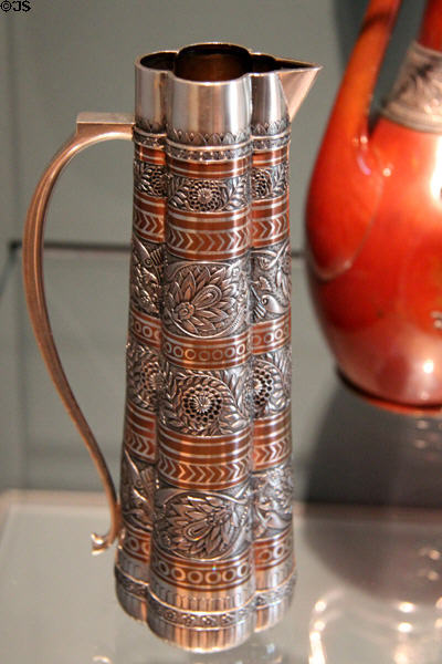Silver & copper pitcher (1875) by Tiffany & Co. of New York City was displayed at 1876 Centennial Exposition at Museum of Fine Arts. Boston, MA.