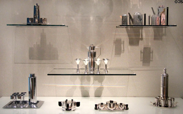 Collection of Art Deco silver-plated cocktail sets (c1920s-30s) by various New England firms at Museum of Fine Arts. Boston, MA.