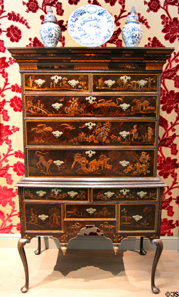 Japanned high chest of drawers (c1730-40) from Boston, MA at Museum of Fine Arts. Boston, MA.