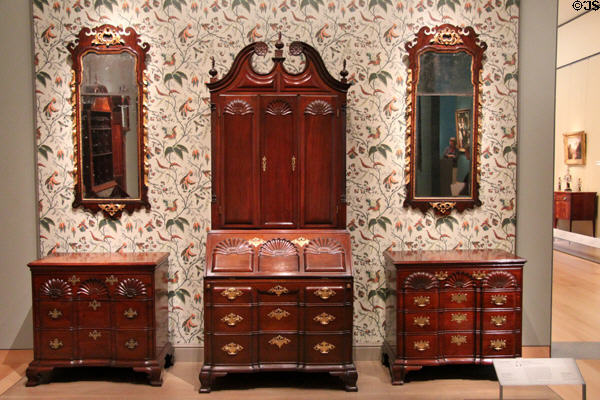 Desk & bookcase (c1765-85) plus two chests of drawers (c1760-75) all from Newport, RI at Museum of Fine Arts. Boston, MA.