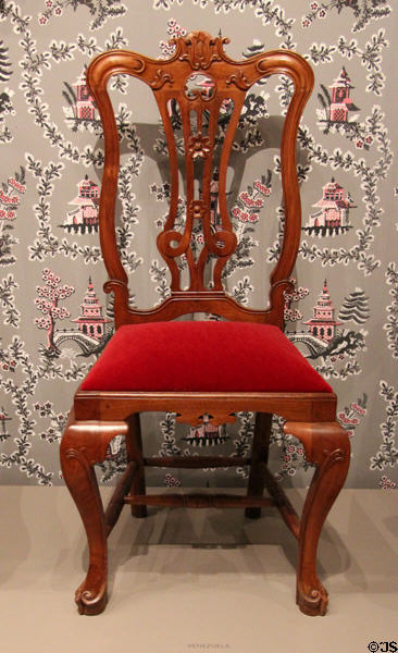Venezuela chair (1750-1800) shows curved rear posts & unique feet at Museum of Fine Arts. Boston, MA.