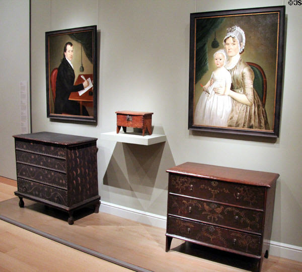 Painted chests of drawers (c1710-30 & 1695-1700) under portraits (1803) by William Jennys at Museum of Fine Arts. Boston, MA.