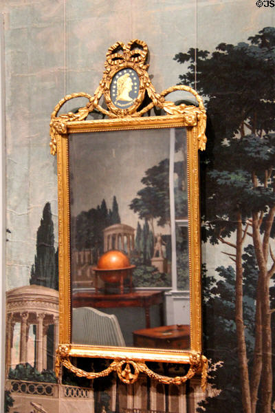 Looking glass (1800-10) from Shepard House of Bath, ME with original wallpaper at Museum of Fine Arts. Boston, MA.