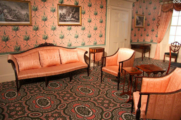 Sofa, arm chairs & other furniture pieces (18thC) with makers like Samuel McIntire, John Seymour & Thomas Seymour in Oak Hill parlor room at Museum of Fine Arts. Boston, MA.