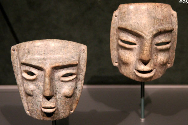 Carved Mezcala stone masks (100 BCE-500 CE) from Guerrero, Mexico at Museum of Fine Arts. Boston, MA.