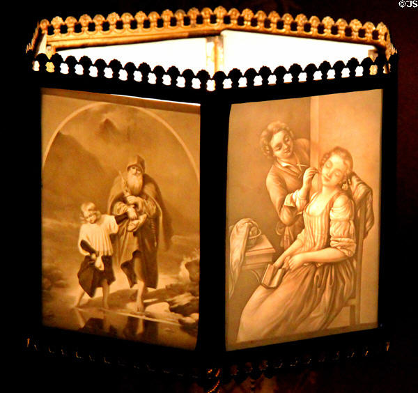 Lithophane lamp details of images created by varying thickness of glass at Gibson House Museum. Boston, MA.