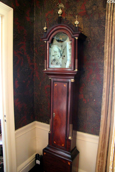Tall clock (1760s) by Elnathan Tabor of Roxbury, MA in dining room at Nichols House Museum. Boston, MA.