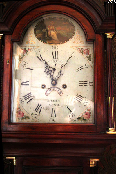 Face of tall clock (1760s) by Elnathan Tabor of Roxbury, MA at Nichols House Museum. Boston, MA.