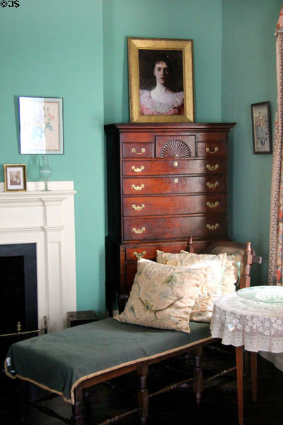 High chest & chaise lounge in front bedroom at Nichols House Museum. Boston, MA.