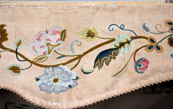 Embroidery on bed hangings by Rose Standish Nichols in front bedroom at Nichols House Museum. Boston, MA.